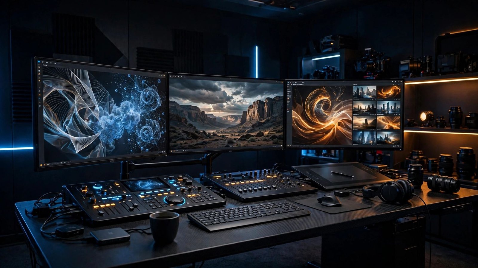 AI video editing workstation with multiple monitors